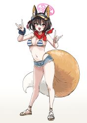 Rule 34 | 1girl, absurdres, animal ears, bikini, blue archive, blue bikini, blush, breasts, brown hair, contrapposto, cross-laced sandals, cutoffs, denim, denim shorts, double fox shadow puppet, eyeshadow, fang, fox ears, fox girl, fox shadow puppet, fox tail, full body, halo, hands up, highres, izuna (blue archive), izuna (swimsuit) (blue archive), looking at viewer, makeup, medium breasts, navel, neckerchief, one side up, open mouth, red eyeshadow, red neckerchief, scrunchie, short hair, shorts, skin fang, smile, solo, standing, stomach, striped bikini, striped clothes, swimsuit, tail, ushimochi, visor cap, wrist scrunchie, yellow eyes