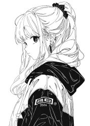 Rule 34 | 1girl, :|, arms at sides, closed mouth, dong-hang, drawstring, earrings, expressionless, from side, greyscale, hair ornament, hair scrunchie, hatching (texture), high ponytail, highres, hood, hood down, hoodie, jewelry, linear hatching, long bangs, long hair, looking at viewer, monochrome, original, print hoodie, profile, scrunchie, sidelocks, sideways glance, solo, striped clothes, striped hoodie, tassel, tassel earrings, upper body