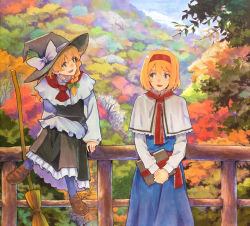 Rule 34 | 2girls, alice margatroid, black headwear, blonde hair, blue eyes, blush, book, bow, braid, broom, brown eyes, day, green bow, hair bow, hat, hat ribbon, holding, holding book, kirisame marisa, long hair, long sleeves, looking at another, marker (medium), multiple girls, open mouth, outdoors, railing, ribbon, scenery, shiratama (hockey), short hair, sitting, smile, standing, touhou, traditional media, white bow, white ribbon, witch hat