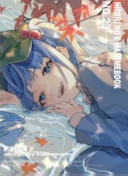 Rule 34 | 1girl, blue eyes, blue hair, blue shirt, flat cap, green hat, hair bobbles, hair ornament, hat, highres, kappa mame, kawashiro nitori, leaf, long sleeves, lying, lying on water, maple leaf, medium hair, open mouth, shirt, smile, solo, touhou, two side up, water