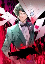 Rule 34 | 2boys, black background, black bow, black bowtie, blood, blood splatter, bow, bowtie, bungou stray dogs, collared shirt, corpse, diffraction spikes, flying paper, genkou youshi, green hair, green jacket, hand in pocket, highres, iyutani, jacket, lapels, long sleeves, looking at viewer, multiple boys, mushitarou oguri (bungou stray dogs), notched lapels, paper, pocket square, raised eyebrows, shirt, short hair, smirk, solo focus, splatter background, suit jacket, swept bangs, traditional bowtie, upper body, water drop, white shirt, yellow eyes