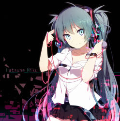 Rule 34 | 1girl, aqua eyes, aqua hair, cable, character name, collarbone, entangled, hatsune miku, headphones, long hair, looking at viewer, off shoulder, ogipote, pleated skirt, shirt, skirt, smile, solo, twintails, very long hair, vocaloid