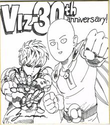 Rule 34 | 2boys, :d, anniversary, bald, belt, bodysuit, cape, fighting stance, genos, greyscale, highres, looking at viewer, male focus, monochrome, multiple boys, murata yuusuke, official art, one-punch man, open mouth, parted lips, punching, saitama (one-punch man), scan, short hair, signature, smile, traditional media