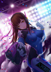 Rule 34 | 1girl, acronym, animal print, armor, bodysuit, breasts, breasts apart, brown eyes, brown hair, cicely, covered navel, cowboy shot, d.va (overwatch), facepaint, facial mark, gloves, gradient background, gun, hand on own hip, hand up, handgun, headphones, high collar, holding, holding gun, holding weapon, lips, long hair, looking at viewer, medium breasts, one eye closed, open mouth, overwatch, overwatch 1, parted lips, pauldrons, pilot suit, pink lips, playing with own hair, rabbit print, ribbed bodysuit, shoulder armor, shoulder pads, smile, solo, thigh strap, turtleneck, weapon, whisker markings, white gloves