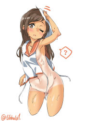 Rule 34 | 10s, 1girl, ?, armpits, breasts, brown eyes, brown hair, convenient censoring, cowboy shot, cropped legs, drying, drying hair, ebifurya, gluteal fold, hair down, highres, i-401 (kancolle), kantai collection, leaning forward, long hair, looking at viewer, navel, one-piece tan, one eye closed, parted lips, partially visible vulva, pussy, sailor collar, school uniform, serafuku, sideboob, simple background, small breasts, solo, spoken question mark, tan, tanline, thighs, twitter username, uncensored, untied, wet, white background