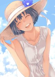 Rule 34 | 1girl, black hair, blue sky, closed eyes, cloud, cloudy sky, collarbone, dress, flower, hat, highres, kamo (gafas), looking at viewer, open mouth, sky, solo, sun hat, sundress, white dress