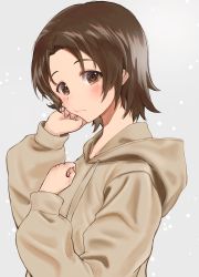 Rule 34 | 1girl, absurdres, brown eyes, brown hair, brown shirt, casual, closed mouth, commentary, drawstring, girls und panzer, grey background, highres, hood, hood down, hoodie, light smile, long sleeves, looking at viewer, mamu t7s, parted bangs, sawa azusa, shirt, short hair, solo, upper body