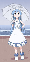 Rule 34 | 1girl, absurdres, anbe masahiro, bare arms, bare shoulders, beach, blue eyes, blue hair, bracelet, clenched hand, closed mouth, collarbone, contrapposto, day, dress, footprints, frown, full body, furrowed brow, hand on own hip, hand up, highres, holding, holding umbrella, horizon, ikamusume, jewelry, long hair, looking up, marine day, medium dress, ocean, official art, outdoors, rain, sand, shinryaku! ikamusume, sky, sleeveless, sleeveless dress, solo, standing, tareme, tentacle hair, transparent, transparent umbrella, umbrella, very long hair, water, white dress, white footwear, white headwear