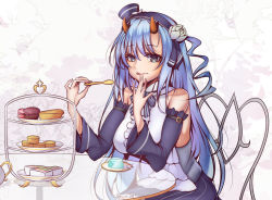 Rule 34 | arm belt, azur lane, bare shoulders, blue dress, blue eyes, blue hair, chair, closed mouth, cookie, detached sleeves, dress, flower, food, hair between eyes, hair flower, hair ornament, hairband, hat, holding, horns, inazuma (azur lane), inazuma (vanilla pudding) (azur lane), long hair, long sleeves, looking at viewer, mini hat, oni horns, short dress, sitting, solo, table, tetsu (excalibur920), tiered tray, tray