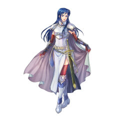 Rule 34 | 1girl, armor, blue eyes, blue hair, breastplate, cape, elbow gloves, female focus, fingerless gloves, fire emblem, fire emblem: the blazing blade, fire emblem heroes, full body, gloves, isadora (fire emblem), long hair, matching hair/eyes, nintendo, official art, pelvic curtain, red thighhighs, sheath, sheathed, shoulder armor, solo, standing, sword, thighhighs, vambraces, weapon, white cape