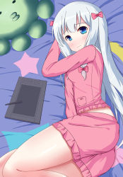 Rule 34 | 1girl, absurdres, blanket, blue eyes, bow, closed mouth, crescent, drawing tablet, eromanga sensei, frilled shirt, frilled shorts, frills, from above, hair bow, highres, izumi sagiri, long hair, looking at viewer, looking up, lying, on bed, on side, pajamas, pink bow, pink pajamas, pink shirt, pink shorts, shirt, shorts, silver hair, solo, star (symbol), star print, stuffed animal, stuffed octopus, stuffed toy, stylus, tareme, very long hair, wavy mouth, xiaosamiao