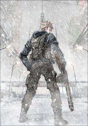 Rule 34 | 1boy, black gloves, boots, brown pants, bulletproof vest, city, danila kuragin, elbow pads, full body, gloves, gun, holding, holding gun, holding weapon, hood, hood down, hooded jacket, jacket, kannatsuki noboru, light brown hair, looking at viewer, male focus, military operator, moscow 2160, official art, outdoors, pants, ppsh-41, second-party source, snowing, solo, spiked hair, submachine gun, thigh pouch, weapon