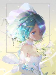 Rule 34 | 10s, 1girl, bare shoulders, blue eyes, blue hair, blush, breasts, bridal veil, bride, choker, cleavage, crab d, dress, elbow gloves, flower, gloves, hair over one eye, has bad revision, has downscaled revision, highres, jewelry, looking at viewer, md5 mismatch, medium breasts, multiple wings, pendant, re:zero kara hajimeru isekai seikatsu, rem (re:zero), resolution mismatch, short hair, smile, solo, source smaller, veil, wedding dress, white dress, white wings, wings