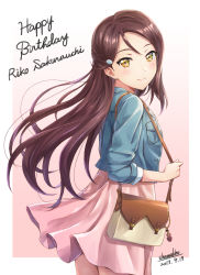 Rule 34 | 1girl, bag, blue jacket, blush, breast pocket, brown hair, casual, character name, closed mouth, commentary request, cowboy shot, cropped jacket, dated, floating hair, gradient background, hair ornament, hairclip, half updo, handbag, happy birthday, high-waist skirt, highres, holding strap, jacket, charm (object), long hair, long sleeves, looking at viewer, looking to the side, love live!, love live! school idol festival, love live! school idol project, love live! sunshine!!, medium skirt, pink background, pink skirt, pocket, sakurauchi riko, shamakho, signature, skirt, smile, solo, standing, wind, yellow eyes