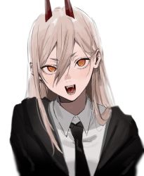 Rule 34 | + +, 1girl, black jacket, black necktie, blonde hair, blurry, breasts, chainsaw man, collared shirt, commentary, cross-shaped pupils, demon horns, depth of field, dress shirt, fangs, hair between eyes, highres, horns, jacket, ktym 777, long hair, looking at viewer, necktie, open clothes, open jacket, open mouth, orange eyes, power (chainsaw man), sharp teeth, shirt, simple background, small breasts, smile, solo, straight hair, symbol-shaped pupils, teeth, tsurime, upper body, white background, white shirt, wing collar