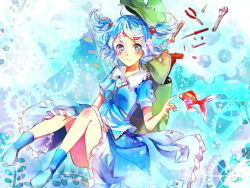 Rule 34 | 1girl, adjustable wrench, ashisaki, backpack, bad id, bad pixiv id, bag, blue eyes, blue hair, boots, bubble, collar, dress, fish, frilled collar, frilled skirt, frills, gears, goldfish, hair bobbles, hair ornament, hammer, hat, kawashiro nitori, key, matching hair/eyes, nail, outstretched arm, plant, pliers, pocket, puffy short sleeves, puffy sleeves, rubber boots, screw, screwdriver, shirt, short hair, short sleeves, short twintails, skirt, skirt set, smile, solo, tools, touhou, twintails, two side up, underwater, wet, wet clothes, wrench