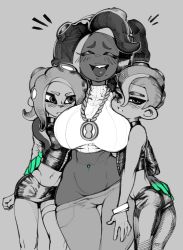 Rule 34 | 1boy, 2girls, agent 8 (splatoon), arm around waist, ass, bisexual female, blush, breasts, closed eyes, crop top, dark skin, eigaka, green nails, groin, highres, jewelry, large breasts, laughing, looking at another, looking at viewer, marina (splatoon), midriff, miniskirt, mole, mole under mouth, multiple girls, nail polish, navel, navel piercing, necklace, nintendo, octoling, octoling boy, octoling girl, octoling player character, open mouth, pants, parted lips, piercing, pointy ears, simple background, single sleeve, size difference, skirt, splatoon (series), splatoon 2, splatoon 2: octo expansion, spot color, stomach, suction cups, tentacle hair, thigh gap, thigh strap, tight clothes, tight pants, toned, wide hips, zipper