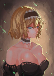 Rule 34 | 1girl, :3, alice margatroid, alternate costume, bad id, bad pixiv id, bare shoulders, black dress, black gloves, blonde hair, blue eyes, breasts, brown background, choker, cleavage, collarbone, detached sleeves, dress, elbow gloves, female focus, gloves, hairband, kaoru (alicemakoto), looking at viewer, medium breasts, portrait, puffy sleeves, short hair, smile, solo, strapless, strapless dress, touhou, upper body