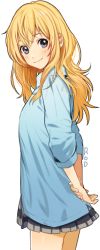 Rule 34 | 10s, 1girl, arm behind back, bad id, bad twitter id, blonde hair, blue shirt, brown eyes, grey skirt, long hair, looking at viewer, miyazono kawori, own hands together, pleated skirt, rod (rod4817), shigatsu wa kimi no uso, shirt, signature, simple background, skirt, smile, solo, white background