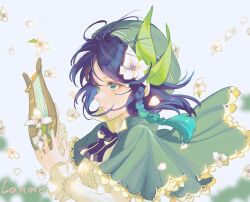 Rule 34 | 1other, androgynous, aqua eyes, aqua hair, artist name, bard, black bow, bow, braid, cape, collared cape, falling flower, flower, genshin impact, gradient hair, green cape, hair flower, hair ornament, holding lyre, lanme, lyre, multicolored hair, petals, side braids, solo, twin braids, venti (genshin impact), white flower