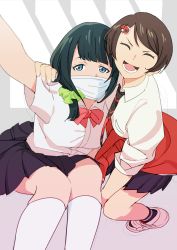 Rule 34 | 2girls, black hair, black skirt, blue eyes, bow, bowtie, breasts, brown hair, closed eyes, green scrunchie, gridman universe, hair ornament, hair scrunchie, hassu, highres, kneehighs, long hair, looking at viewer, mask, medium breasts, mouth mask, multiple girls, namiko, necktie, onioohashi, open mouth, pleated skirt, red neckwear, scrunchie, shirt, short hair, short sleeves, skirt, sleeves rolled up, smile, socks, ssss.gridman, surgical mask, two-tone necktie, white shirt, white socks