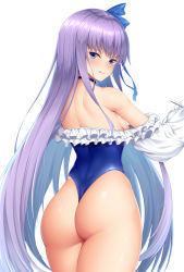 Rule 34 | 1girl, ass, back, bare shoulders, blue eyes, blue ribbon, blush, breasts, choker, closed mouth, fate/grand order, fate (series), frills, hair ribbon, highleg, highleg swimsuit, highres, licking lips, long hair, long sleeves, looking at viewer, looking back, meltryllis, meltryllis (fate), meltryllis (swimsuit lancer) (fate), meltryllis (swimsuit lancer) (second ascension) (fate), off-shoulder one-piece swimsuit, off shoulder, one-piece swimsuit, puffy sleeves, purple hair, ribbon, simple background, sleeves past fingers, sleeves past wrists, small breasts, swimsuit, thighs, tongue, tongue out, very long hair, white background, white ribbon, yuunagi (0217)