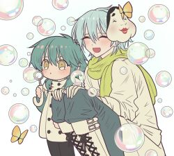 Rule 34 | 2boys, ^ ^, aged down, blue hair, blue pants, blowing bubbles, bubble wand, bug, butterfly, clear (dramatical murder), closed eyes, coat, dramatical murder, green scarf, hair between eyes, hand up, hands on own knees, highres, insect, knees up, long hair, long sleeves, male focus, mask, mask on head, meremero, mole, multiple boys, open mouth, pants, scarf, seragaki aoba, short hair, sitting, smile, soap bubbles, standing, white coat, white hair, yellow eyes