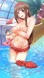 Rule 34 | 1boy, 1girl, bikini, bikini bottom only, blush, breasts, brown hair, cleavage, collarbone, covering privates, covering breasts, doukyuusei another world, embarrassed, faceless, faceless male, frilled bikini, frills, game cg, headband, kakyuusei, lens flare, long hair, medium breasts, multi-strapped bikini bottom, navel, official art, open mouth, pool, red bikini, red eyes, red headband, solo focus, swimsuit, topless, underboob, very long hair, wading, wet, wet hair, yuuki mizuho