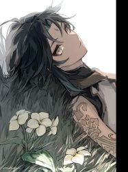 Rule 34 | 0gznz, 1boy, bad id, bad twitter id, bead necklace, beads, black hair, closed mouth, facial mark, flower, forehead mark, genshin impact, gradient hair, grass, green hair, highres, jewelry, looking at viewer, lying, male focus, multicolored hair, necklace, on back, signature, solo, tassel, upper body, white flower, xiao (genshin impact), yellow eyes