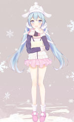 Rule 34 | 1girl, absurdres, bad id, bad pixiv id, baozi, blue eyes, blue hair, food, full body, grey background, hat, hatsune miku, highres, houraku, long hair, looking at viewer, open mouth, skirt, snowflakes, solo, twintails, very long hair, vocaloid