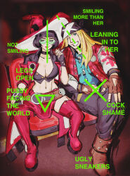 Rule 34 | 1boy, 1girl, aqua eyes, arc system works, axl low, black gloves, black hair, blonde hair, boots, breasts, brown gloves, crossed legs, english text, expressionless, fingerless gloves, full body, gloves, green-tinted eyewear, guilty gear, guilty gear strive, hat, high heels, highres, i-no, long hair, looking at viewer, maddestmao, medium breasts, medium hair, meme, mole, mole above mouth, navel, one eye closed, parody, photo-referenced, red footwear, red headwear, red skirt, short sleeves, sitting, skirt, smile, spread legs, tinted eyewear, triangle, venus symbol, will smith, witch hat