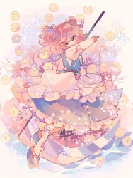 Rule 34 | 1girl, ;), blue dress, blue footwear, closed mouth, coin, commentary, dress, flower, full body, hair bobbles, hair ornament, highres, holding, holding scythe, looking at viewer, one eye closed, onozuka komachi, ratto (mobilis 1870), red eyes, red hair, sash, scythe, short sleeves, smile, solo, spider lily, touhou, two side up