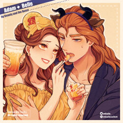 Rule 34 | 1boy, 1girl, animal ears, animification, beauty and the beast, belle (disney), bow, brown hair, character name, copyright name, cup, dress, earrings, eating, eye contact, fake animal ears, feeding, gaston, hair bow, hetero, holding, holding cup, holding spoon, instagram username, jewelry, lipstick, long hair, looking at another, makeup, mickey mouse ears, mizala, prince adam (disney), simple background, spoon, sweatdrop, thick eyebrows, twitter username, upper body, watermark, yellow bow, yellow dress
