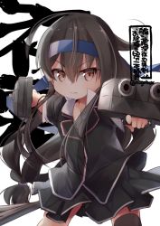 Rule 34 | 1girl, adapted turret, aiming, asymmetrical legwear, black hair, black thighhighs, blazer, blue headband, cannon, commentary request, cowboy shot, dual wielding, hatsushimo (kancolle), hatsushimo kai ni (kancolle), headband, holding, jacket, kantai collection, long hair, looking at viewer, low-tied long hair, n:go, one-hour drawing challenge, pleated skirt, red eyes, school uniform, simple background, single thighhigh, skirt, solo, text background, thighhighs, turret, uneven legwear, white background