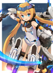 Rule 34 | 1girl, absurdres, bare shoulders, blonde hair, blue eyes, blush, breasts, covered navel, elbow gloves, frame arms girl, gloves, headgear, highres, holding, holding scythe, hresvelgr ater, long hair, low twintails, mecha musume, medium breasts, samidare fleet, school swimsuit, scythe, smile, solo, swimsuit, thighhighs, twintails, very long hair