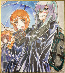Rule 34 | 3girls, absurdres, animal print, bag, black coat, black pantyhose, black skirt, blue eyes, blue umbrella, brown eyes, brown hair, brown scarf, carrying, coat, commentary request, dress shirt, emblem, girls und panzer, grey hair, grey shirt, grin, hands in pockets, highres, holding, holding umbrella, itsumi erika, kuromorimine (emblem), kuromorimine school uniform, long sleeves, looking at another, looking at viewer, looking to the side, medium hair, miniskirt, multiple girls, nabeyu, nishizumi maho, nishizumi miho, open clothes, open coat, open mouth, orange umbrella, outdoors, pantyhose, pleated skirt, print umbrella, scan, scarf, school bag, school uniform, shirt, short hair, siblings, sisters, skirt, smile, snowing, standing, tiger print, traditional media, trench coat, umbrella, wing collar, winter uniform