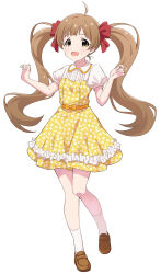 Rule 34 | 1girl, :d, ahoge, bare arms, bare legs, blush, bow, breasts, brown footwear, brown hair, collared dress, commentary request, dress, floral print dress, frilled dress, frills, full body, goma konbu, hair ribbon, hakozaki serika, hands up, highres, idolmaster, idolmaster million live!, loafers, lone nape hair, long hair, looking at viewer, looking to the side, official style, open mouth, orange bow, orange eyes, puffy short sleeves, puffy sleeves, raised eyebrows, red ribbon, ribbon, shoes, short dress, short sleeves, simple background, small breasts, smile, socks, solo, standing, standing on one leg, swept bangs, tachi-e, three quarter view, twintails, very long hair, waist bow, white background, white dress, white socks, yellow dress