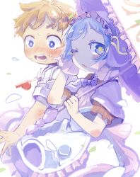 Rule 34 | 2boys, akamtvahosi, apron, blue eyes, blue hair, blush, bright pupils, brown hair, capelet, child, commentary request, dress, frilled apron, frilled hairband, frilled sleeves, frills, hairband, hand up, highres, holding, holding umbrella, made in abyss, male focus, maruruk, multiple boys, natt (made in abyss), open mouth, parasol, pink capelet, pouch, purple hairband, short hair, short sleeves, sketch, skirt, sweat, umbrella, v-shaped eyebrows, whistle, whistle around neck, white apron, white background, white pupils, white skirt, yellow pupils