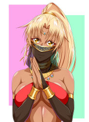 Rule 34 | 1girl, absurdres, akuron (acllon), blonde hair, bracelet, breasts, circlet, cleavage, dark skin, earrings, gold trim, high ponytail, highres, jewelry, large breasts, looking at viewer, midriff, mouth veil, necklace, own hands together, parted bangs, ponytail, sasha (sennen sensou aigis), sennen sensou aigis, simple background, smile, solo, upper body, veil, yellow eyes