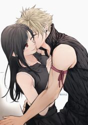 Rule 34 | 1boy, 1girl, arm ribbon, artist name, bare shoulders, black hair, black pants, black sweater, blonde hair, breasts, closed eyes, cloud strife, collarbone, couple, earrings, facing another, final fantasy, final fantasy vii, gloves, gradient background, grey background, hand on another&#039;s hip, hetero, highres, jewelry, large breasts, long hair, maiii (smaii i), pants, parted lips, red eyes, red ribbon, ribbon, short hair, sleeveless, smile, spiked hair, sweater, tifa lockhart
