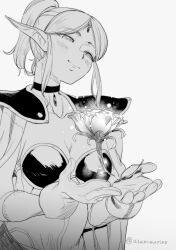 1girl artist_name blush breasts cape choker cleavage elf flower forehead_jewel gloves greyscale medium_hair memmeln_(zenshuu) monochrome pointy_ears ponytail ryuukan sidelocks small_breasts smile solo standing zenshuu