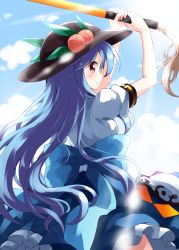 Rule 34 | 1girl, arms up, blue bow, blue hair, blue skirt, blue sky, bow, cloud, day, food, from behind, fruit, hat, highres, hinanawi tenshi, large bow, leaf, light rays, long hair, looking back, outdoors, peach, puffy short sleeves, puffy sleeves, red eyes, ruu (tksymkw), shirt, short sleeves, skirt, sky, smile, solo, sunbeam, sunlight, sword of hisou, touhou, very long hair, white shirt