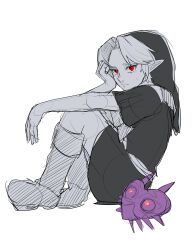 Rule 34 | 1boy, boots, from side, hand on own cheek, hand on own face, hand up, highres, knee boots, knees up, link, looking at viewer, male focus, mask, monochrome, nintendo, pointy ears, red eyes, short hair, short sleeves, simple background, sitting, solo, spot color, suzu (suzulin), the legend of zelda, the legend of zelda: majora&#039;s mask, tunic, unfinished, white background, young link