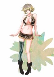 Rule 34 | 1girl, amazon lily, amazon warrior, asymmetrical clothes, bare shoulders, blonde hair, breasts, cleavage, female focus, full body, fur bikini, highres, marguerite (one piece), midriff, one piece, short hair, single thighhigh, solo, standing, striped, thighhighs, vertical stripes, zucchero