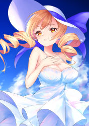 Rule 34 | 1girl, absurdres, alternate costume, armpit crease, bare arms, bare shoulders, blonde hair, blue bow, blue sky, bow, breasts, cleavage, clothes lift, cloud, cloudy sky, collarbone, day, dot nose, dress, dress lift, drill hair, expressionless, eyelashes, facing viewer, floating hair, framed breasts, hand on own chest, hand up, hat, highres, large breasts, layered dress, light blush, looking afar, mahou shoujo madoka magica, mahou shoujo madoka magica (anime), outdoors, parted lips, shiny skin, shiraiwa usagi, short dress, sky, solo, spaghetti strap, sun hat, sundress, tareme, tight clothes, tomoe mami, twin drills, upper body, white dress, white hat, yellow eyes