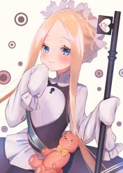 Rule 34 | 1girl, abigail williams (fate), abigail williams (festival outfit) (fate), black dress, blonde hair, blue eyes, blush, braid, brown background, butterfly hair ornament, closed mouth, commentary request, dress, fate/grand order, fate (series), forehead, hair ornament, hand up, keyhole, long hair, long sleeves, official alternate costume, parted bangs, shirt, simple background, sleeveless, sleeveless dress, sleeves past fingers, sleeves past wrists, smile, solo, stuffed animal, stuffed toy, suzuho hotaru, teddy bear, very long hair, white shirt