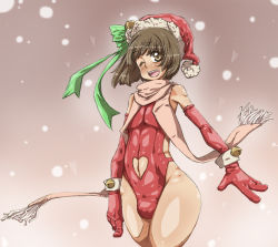 Rule 34 | 1boy, ;), bad id, bad pixiv id, bell, blush, bow, brown eyes, brown hair, bulge, christmas, elbow gloves, gloves, hat, leotard, male focus, one eye closed, red gloves, santa hat, scarf, short hair, smile, snowing, solo, trap, warumono tomii, wink