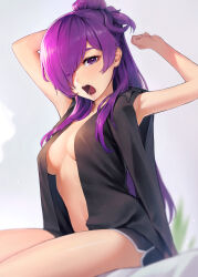 Rule 34 | 1girl, absurdres, alaskastomatoez, arms up, bare arms, black shirt, black shorts, borrowed clothes, breasts, byleth (fire emblem), byleth (male) (fire emblem), cleavage, commission, dolphin shorts, dress shirt, fire emblem, fire emblem: three houses, fire emblem warriors: three hopes, hair over one eye, highres, long hair, looking at viewer, medium breasts, nintendo, one eye closed, open clothes, open mouth, open shirt, purple eyes, purple hair, shez (female) (fire emblem), shez (fire emblem), shirt, short shorts, shorts, sitting, solo, stretching, yawning