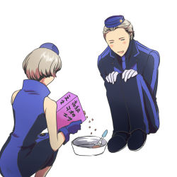 Rule 34 | atlus, blush, bowl, elizabeth (persona), closed eyes, fork, gloves, hat, necktie, open mouth, pantyhose, persona, persona 3, persona 3 portable, sakazakimay, short hair, siblings, silver hair, theodore (persona), translated