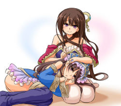 Rule 34 | 2girls, aose saratoga, ass, atelier (series), atelier meruru, atelier totori, bare shoulders, blush, boots, brown eyes, brown hair, detached sleeves, ear cleaning, female focus, hat, headdress, lap pillow, long hair, mimi houllier von schwarzlang, mimikaki, multiple girls, parted lips, ponytail, smile, thigh boots, thighhighs, totooria helmold